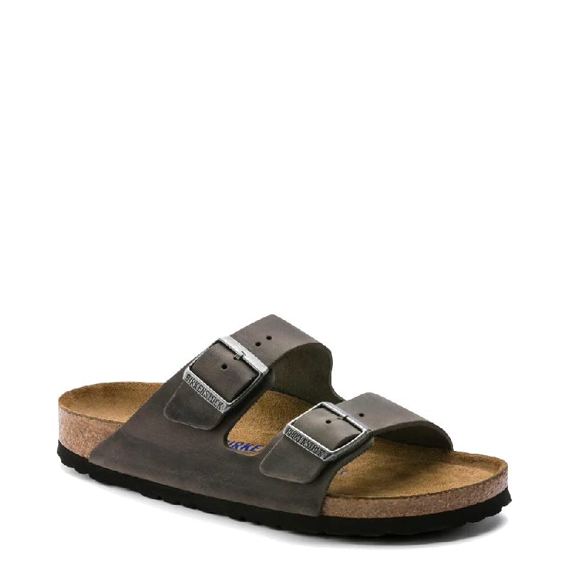 Men's sandals with a toe post designBirkenstock Arizona Oiled Leather Soft Footbed Sandal in Iron Grey