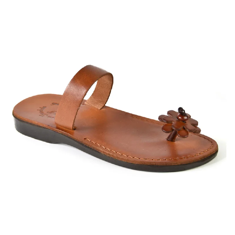 Men's sandals in a neutral color like black or brownEsther - Leather Flower Flip Flops | Honey