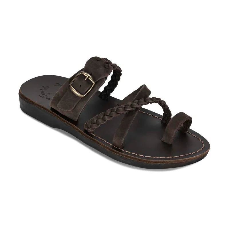 Men's leather sandals with an adjustable strapSophia Buckle - Leather Braided Slide Sandal | Brown Nubuck