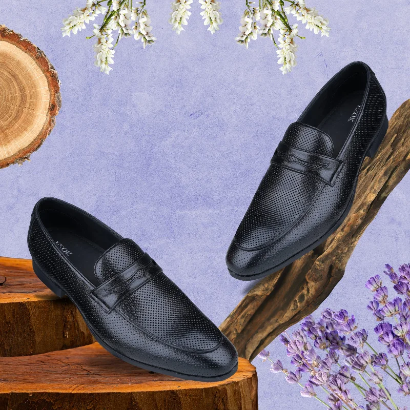 Ezok Leather Black Casual Loafer Shoes For Men