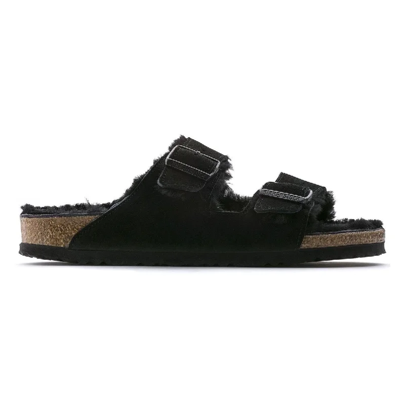 Men's sandals in a neutral color like black or brownBirkenstock Men's Arizona Shearling Black Suede