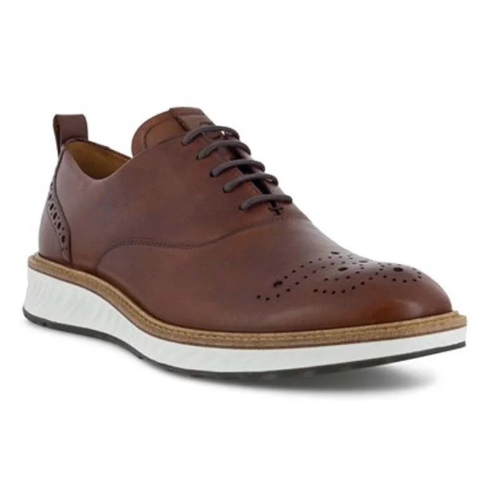 Men's Oxford shoes with a wingtip design and leather soleMens Ecco ST 1 Hybrid Derby Wing in Cognac