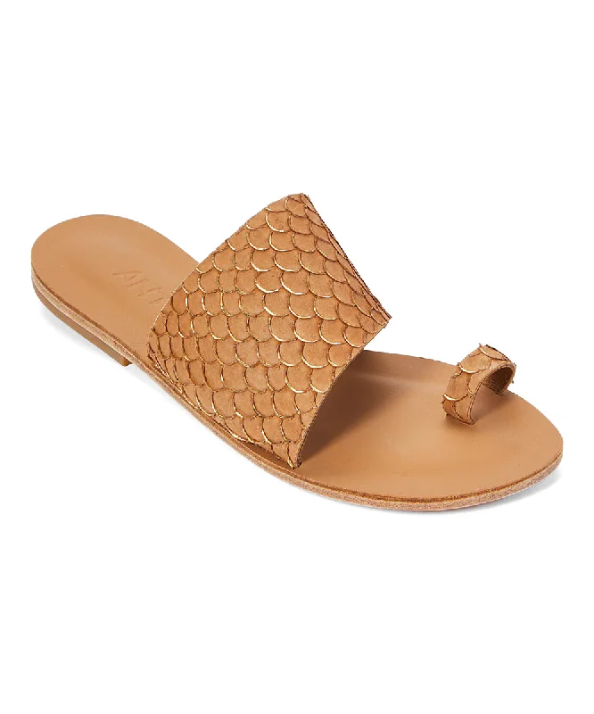 Men's sandals with a decorative buckle or charmWilshire Blvd - Classic Slide with Toe Loop And Real Fish Scale Leather | Tan