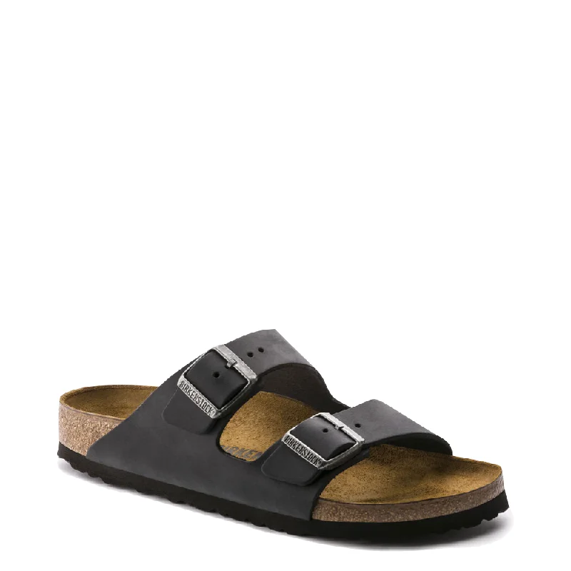 Men's sandals with a stretchy strap for a better fitBirkenstock Arizona Oiled Leather Soft Footbed Sandal in Black