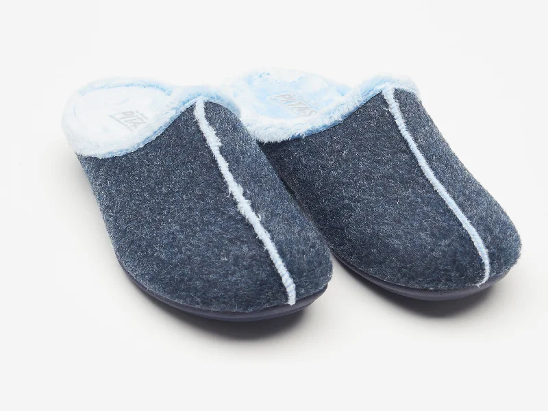 Women's navy blue felt and faux fur mule slippers