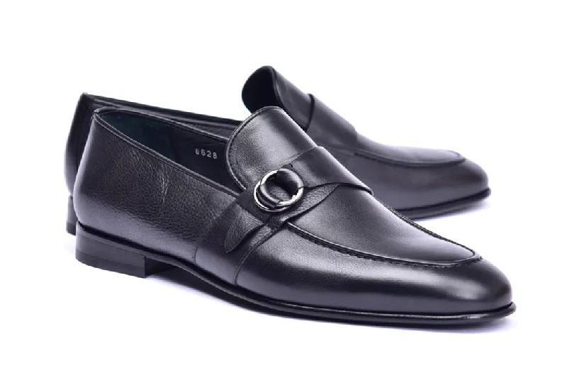 Corrente 6628 Leather slip-on Side Buckle Loafer - Black