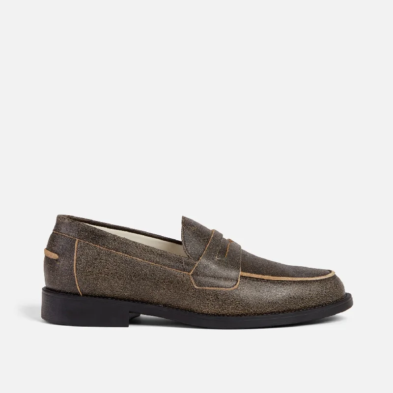 Wilde Brown Cracked Leather Penny Loafer - Men's