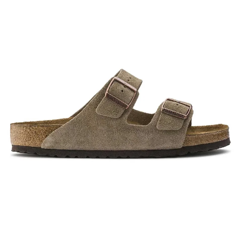 Men's sandals with a perforated leather upper for ventilationBirkenstock Men's Arizona Soft Footbed Taupe Suede