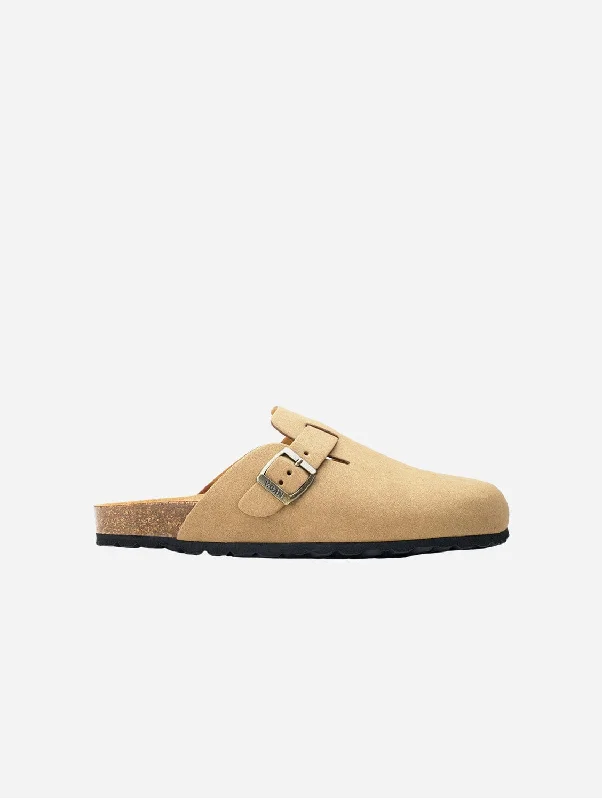 Men's sandals with a decorative buckle or charmTaro Comfort Men's Vegan Footbed Slippers | Beige