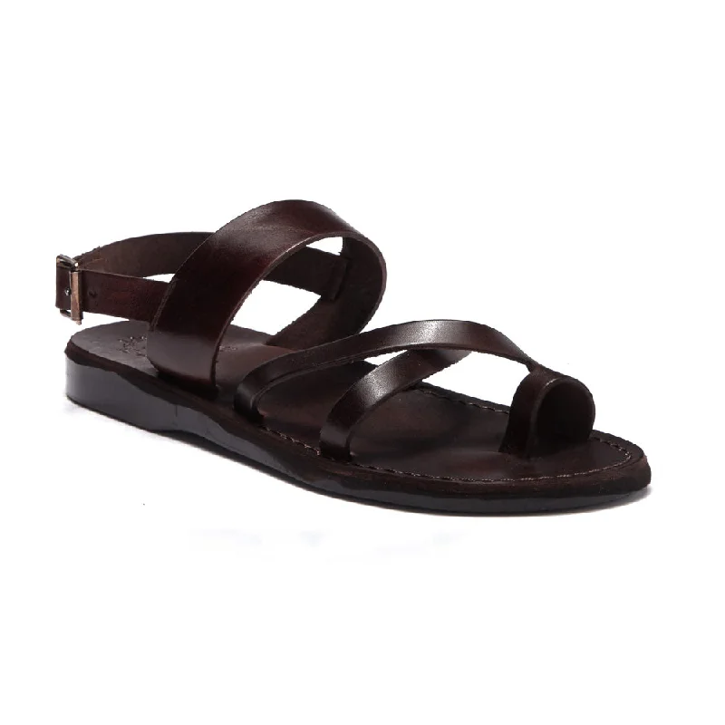 Men's sandals with a toe post designAmos - Leather Ankle Strap Flat Sandal | Brown