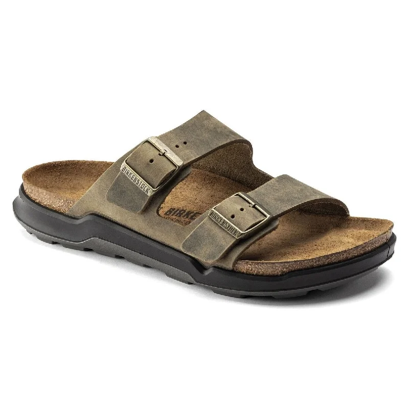 Men's sandals with a decorative buckle or charmBirkenstock Men's Arizona Rugged Cross Town Faded Khaki Oiled Leather