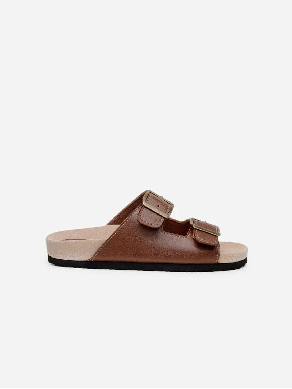 Men's leather sandals with an adjustable strapTruda Unisex Vegan Leather Two-Strap Sandals | Chestnut Brown