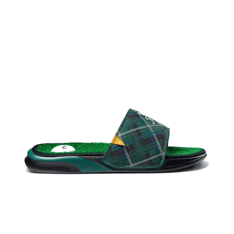 Men's sandals with a leather lining for comfortReef Men's Mulligan Slide - Green Tartan