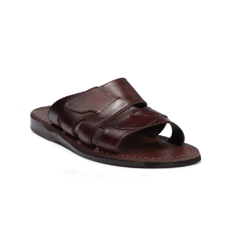 Men's sandals with a contrast stitching detailMateo - Leather Open Toe Slide Sandal | Brown