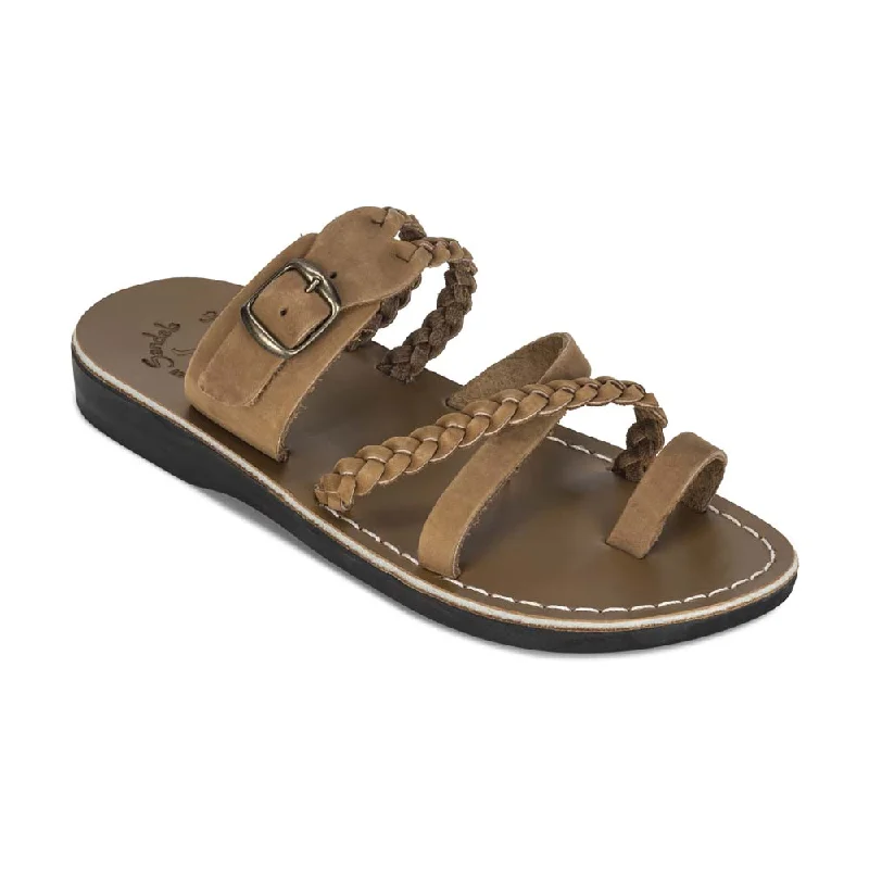 Men's sandals with a wide strap for supportSophia Buckle - Leather Braided Slide Sandal | Tan Nubuck